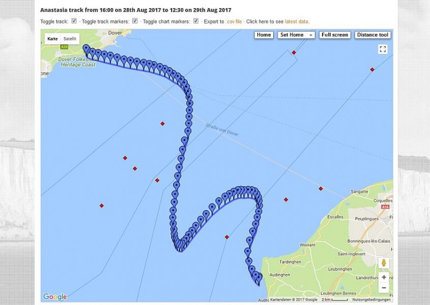 Tanya's English Channel swim track 2017